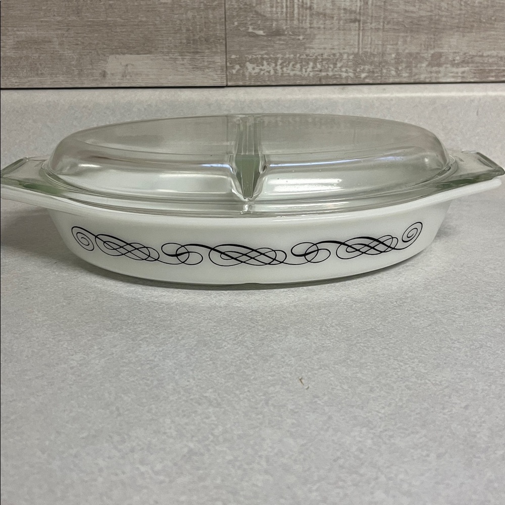 Vintage Pyrex Divided Casserole Dish with Black Scroll design